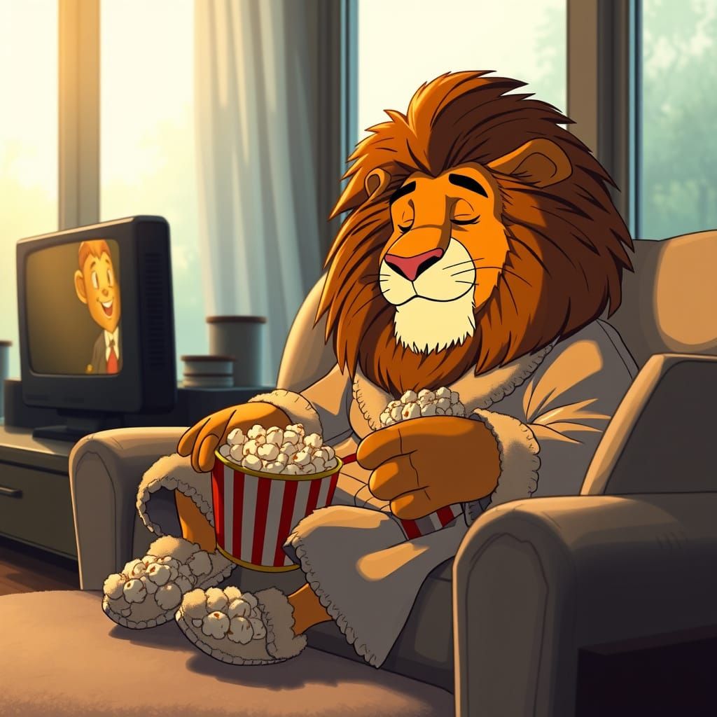 Regal Lion Enjoys Cozy Evening with Slippers and Popcorn in ...
