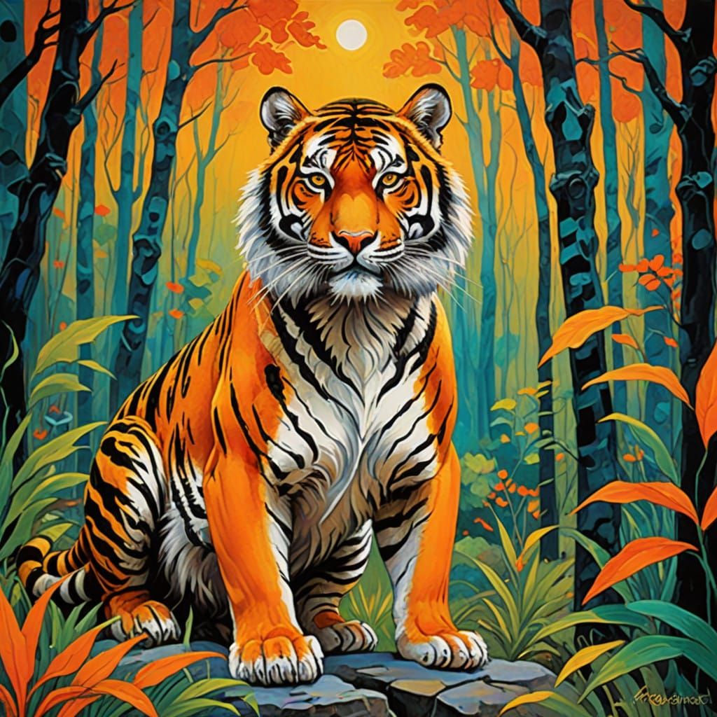 Majestic Tiger Emerges from Mystical Forest in Renaissance-E...