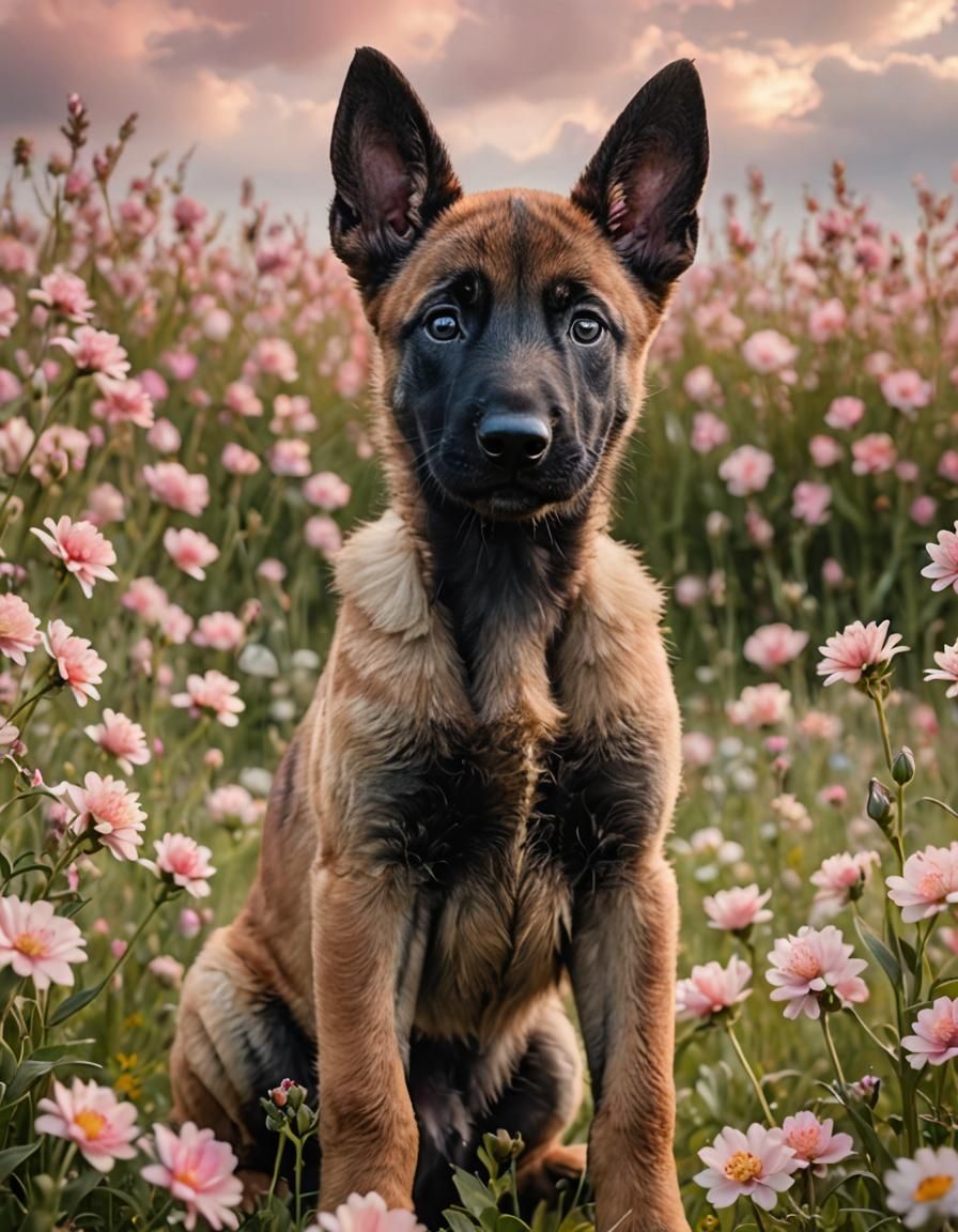 Belgian Malinois Puppy in a Flower Field: Hyper-Realistic Ma...