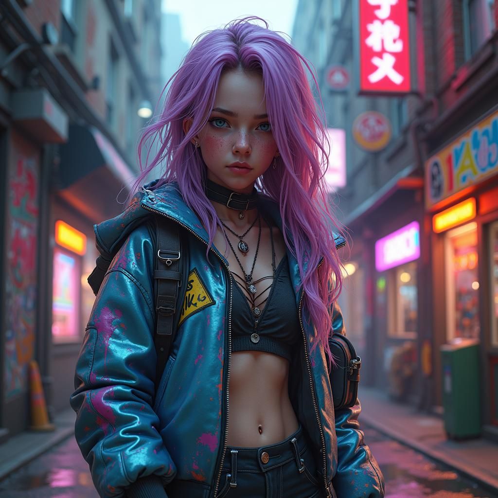 Cyberpunk Nymph in Dystopian Cityscape, Anime Style