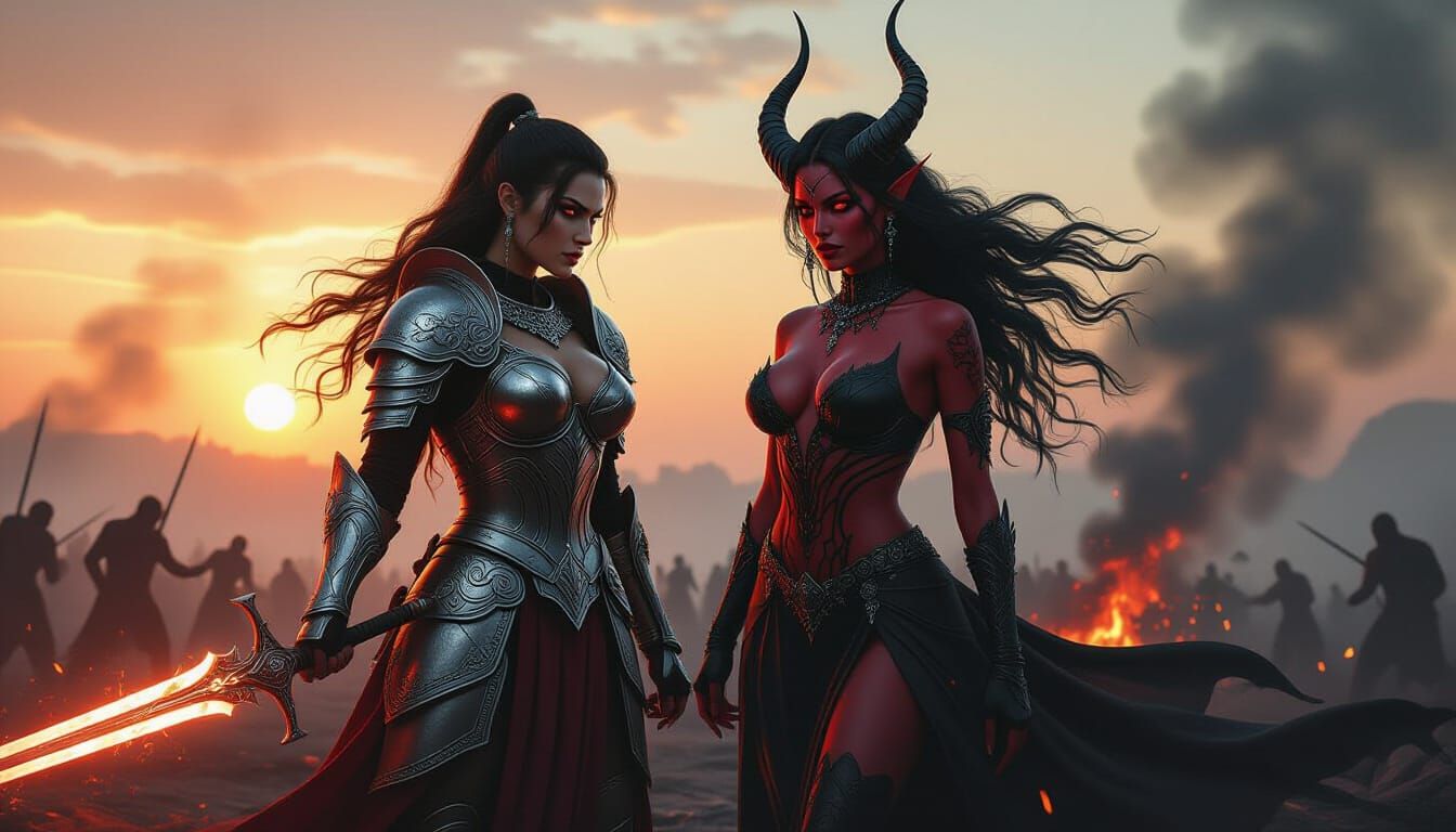 Warrior and Devil Woman Double Exposure Art