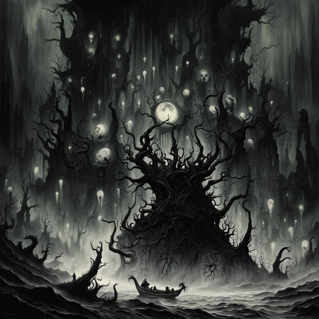 Dark Fantasy Art: Twisted Glass Ampulla in Turbulent Black S...