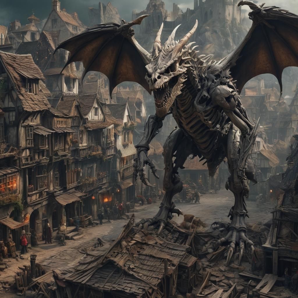 Giant Skeleton Dragon Destroys Medieval Village