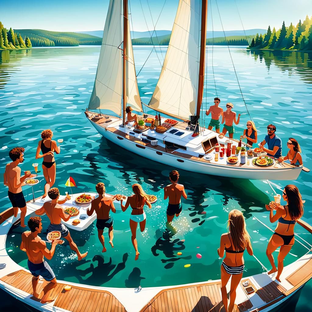 Sailboat Party on Calm Lake in Summer
