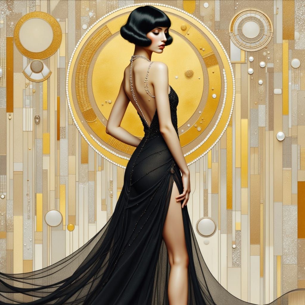 Sultry Flapper Girl in Chic La Garçonne Dress, Pearls, and F...