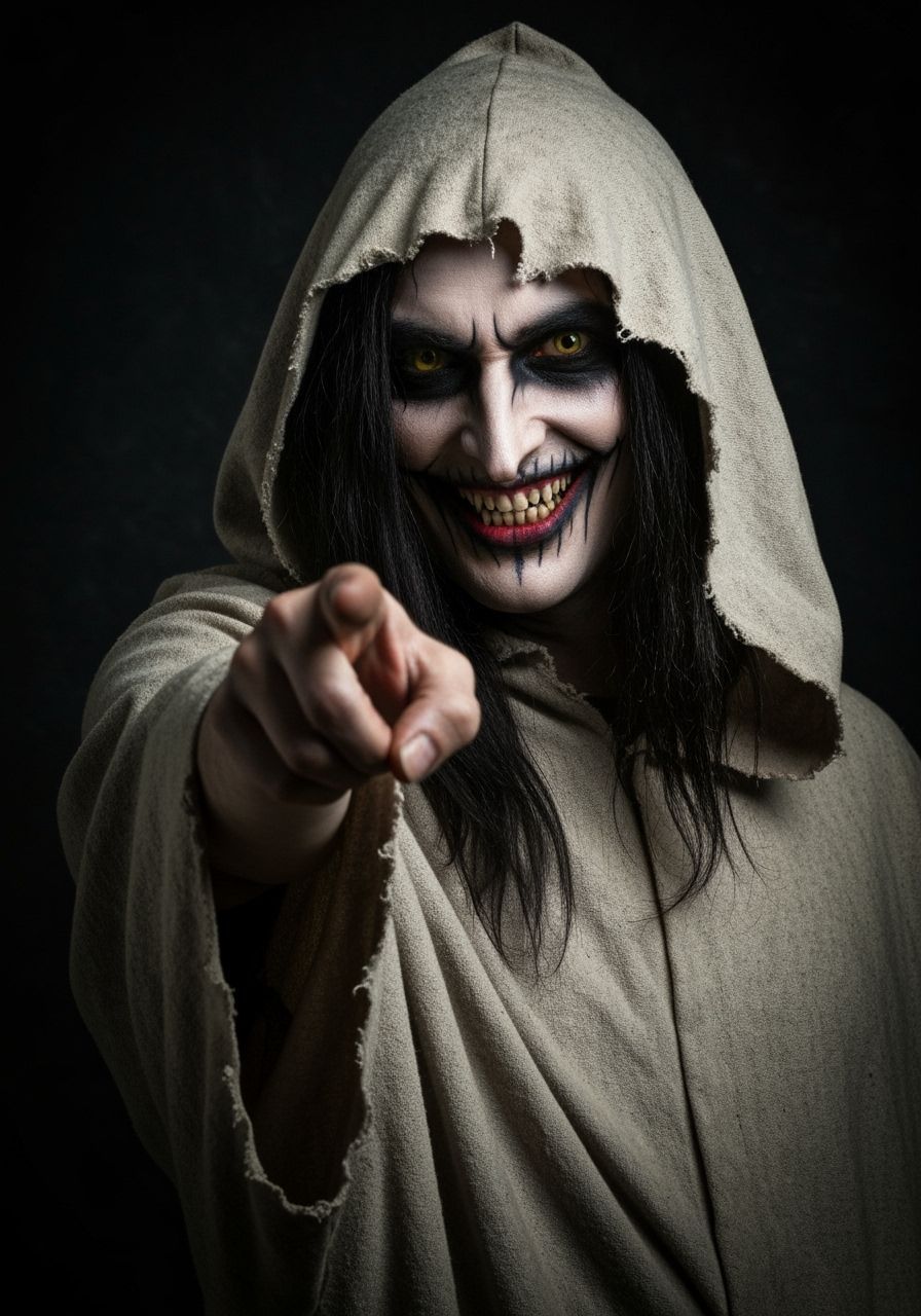 Menacing Figure with Dark Makeup and Yellow Eyes in Rembrand...