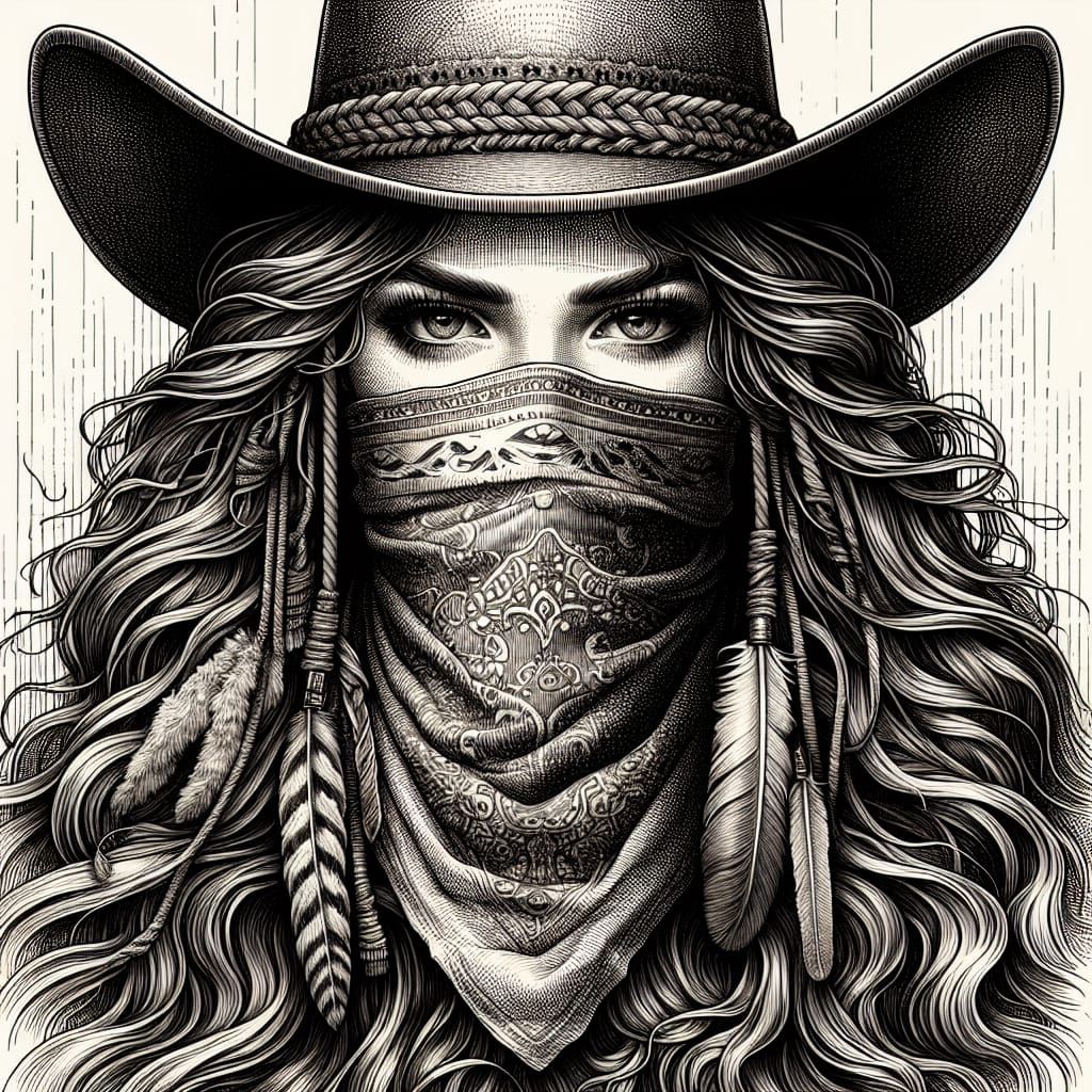 Antique Western Cowgirl in Rustic Engraving Style