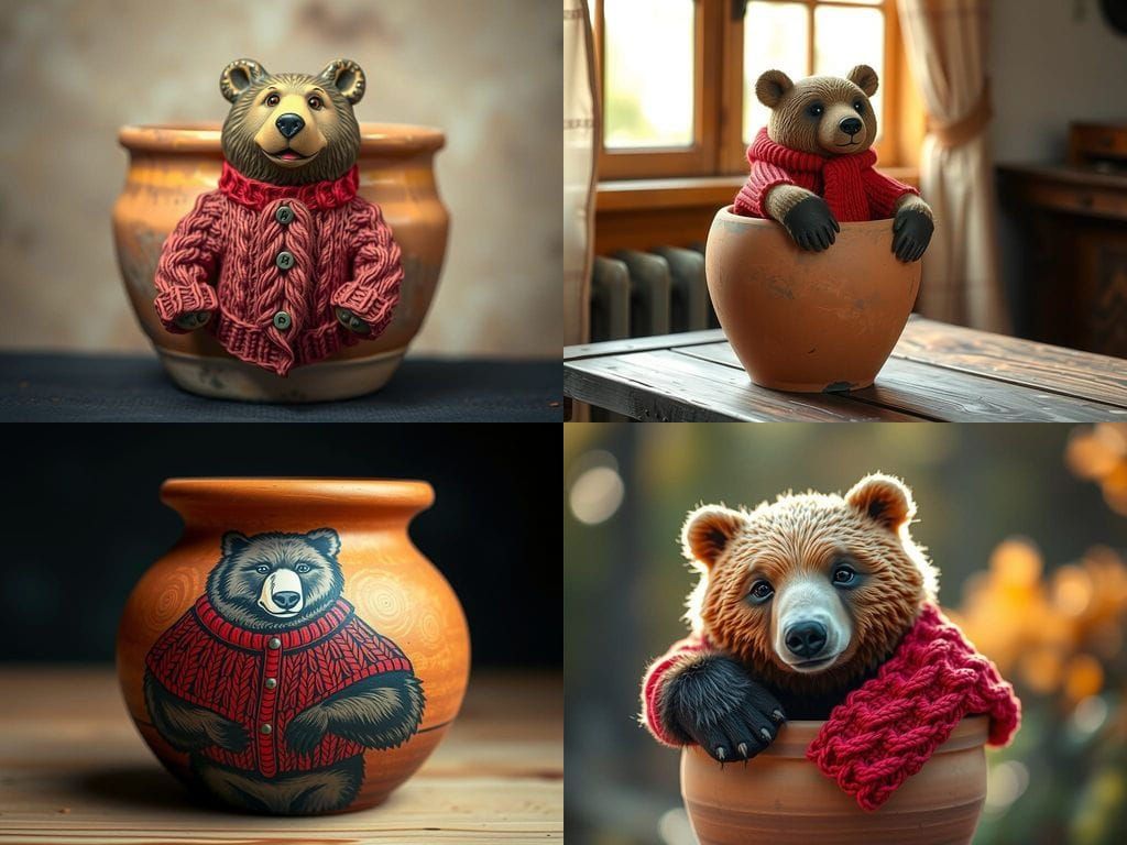 A Clay Pot Depicted in a Whimsical Bear Portrait in Watercol...