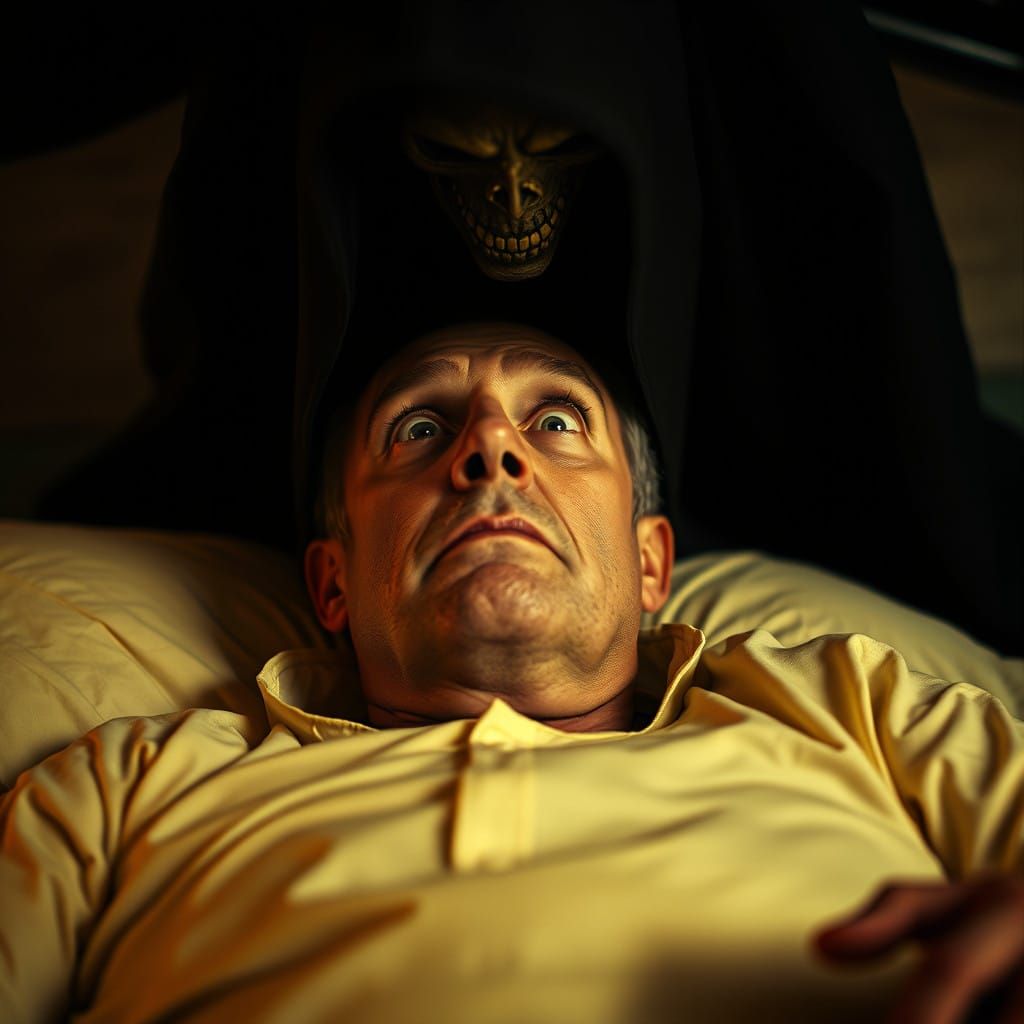 A subtly surprised expression on a man's face looking at the grim reaper standing over his bed,