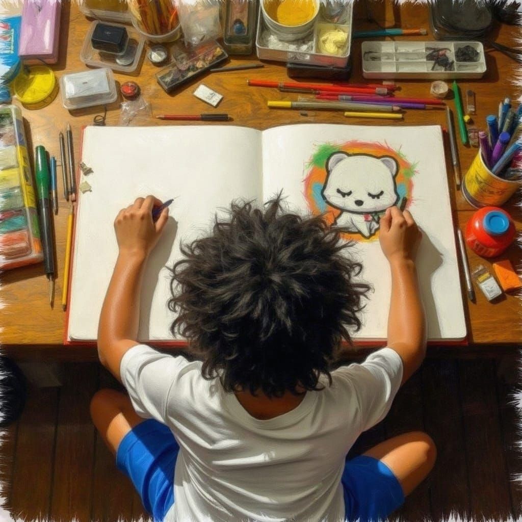 Young Boy Surrounded by Art Supplies, Inspired by Impression...