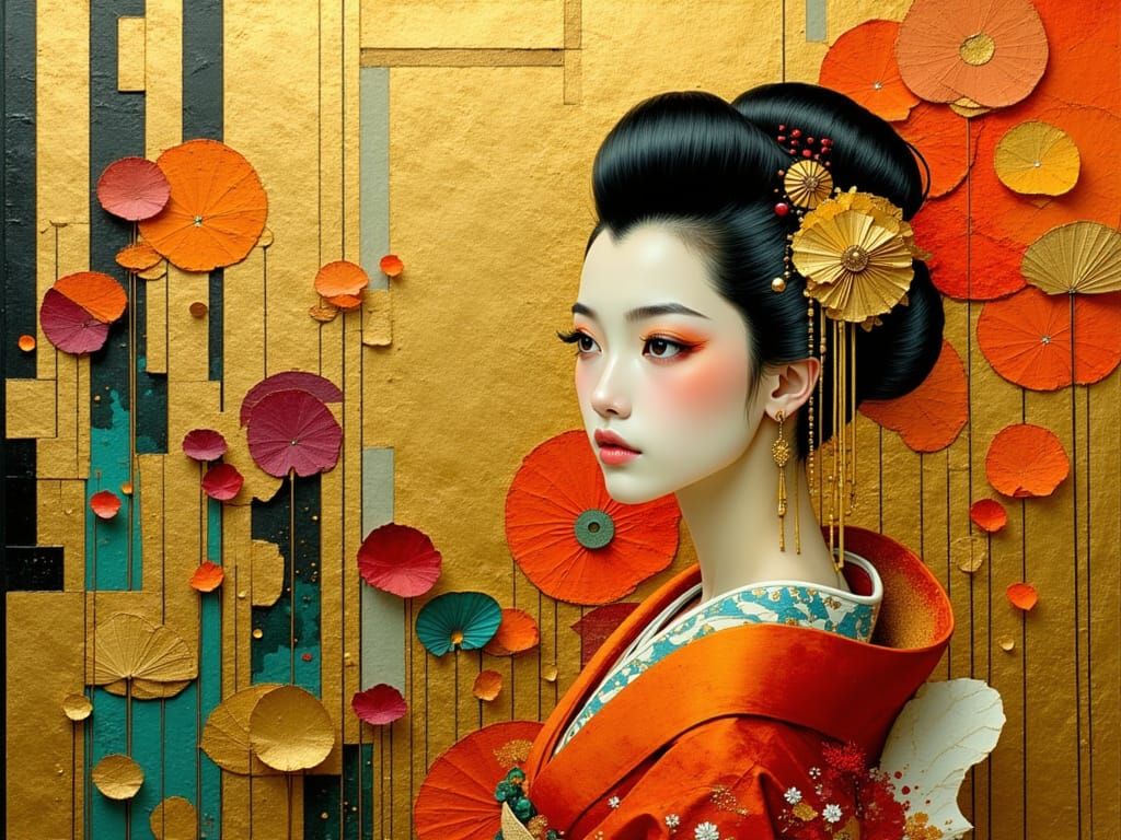 Elegant Geisha in Multicolored Bronze Setting