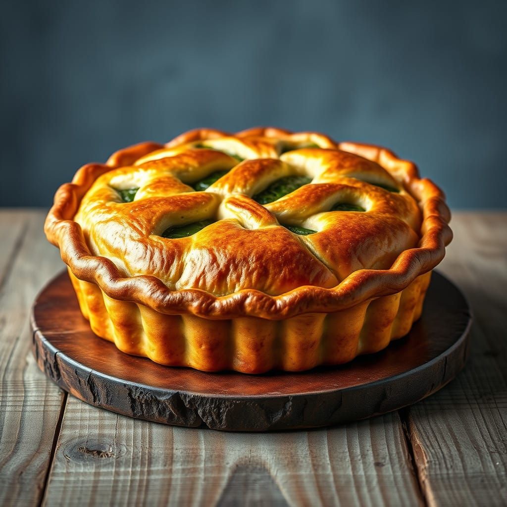 Hyper-Realistic Golden-Brown Pie in Rustic Setting