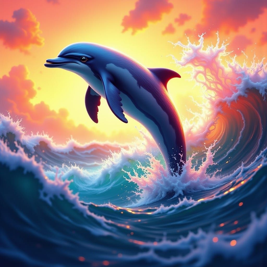 Leaping Dolphin at Sunset in Photorealistic Style