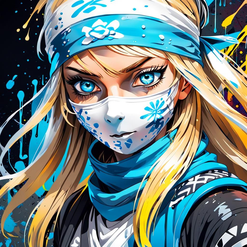 Street Art Portrait: Ninja Girl with Blue Eyes
