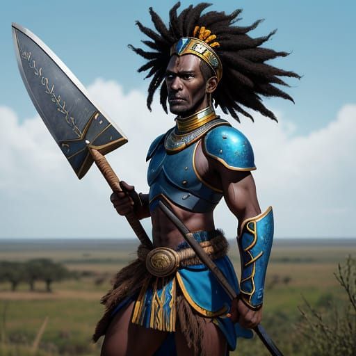 Heroic African Warrior on Savanna Battlefield