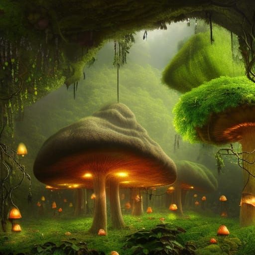 Giant Mushroom Cave with Glowing Lanterns