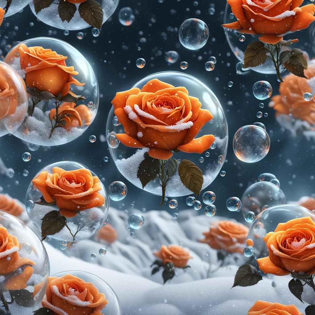 Transparent Bubbles and Orange Roses in Snow