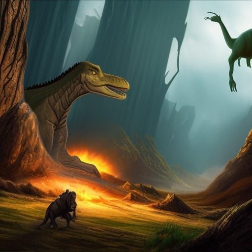 Dinosaurs in a Cinematic Fantasy Landscape