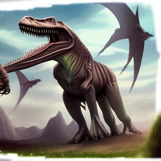 Dinosaurs in a Cinematic Fantasy Landscape