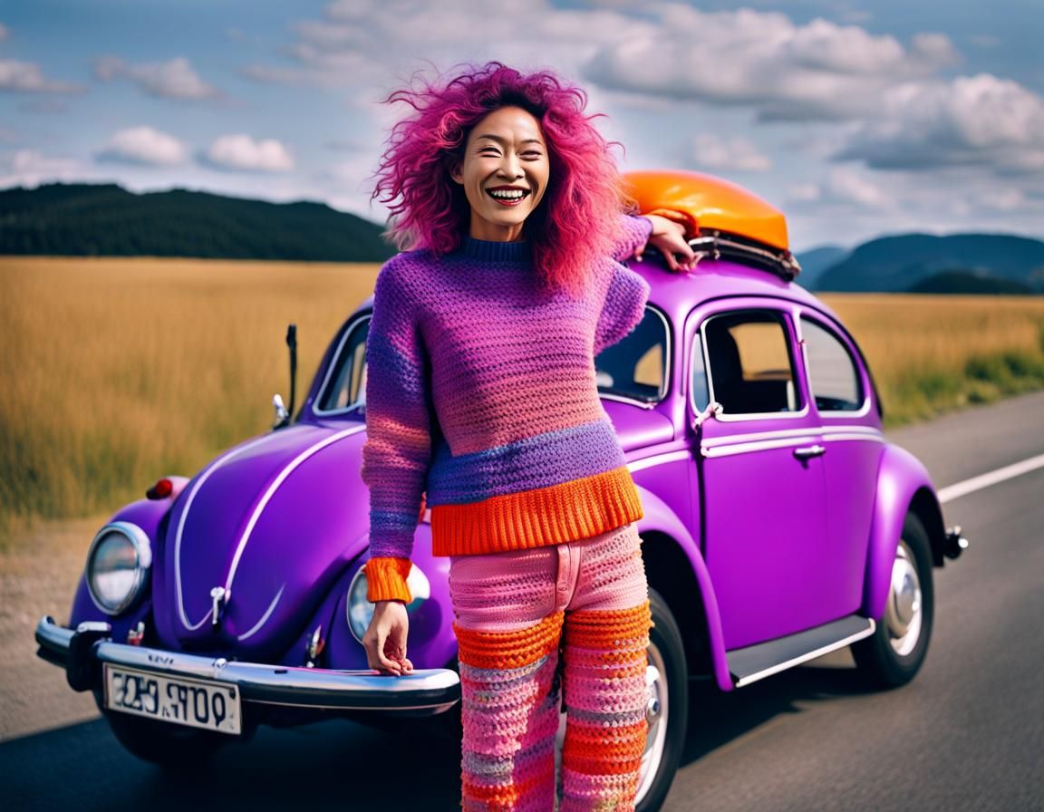 Boho Punk Woman Hitchhiking in Summer