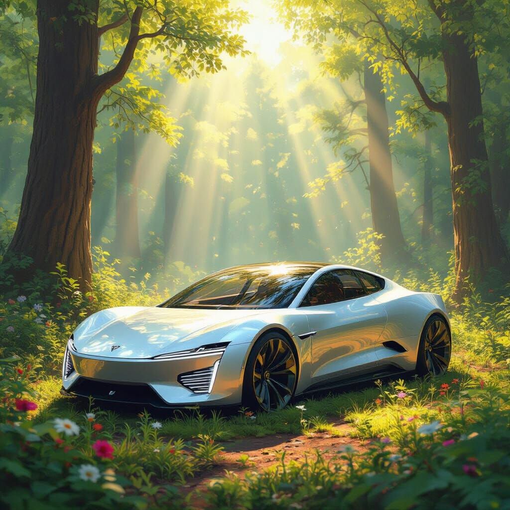 Futuristic Electric Car in Sunlit Forest Clearing