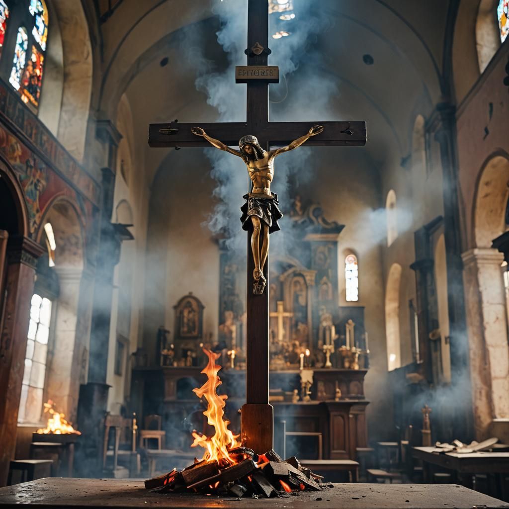 Untouched Crucifix in a Fire-Ravaged Orthodox Church