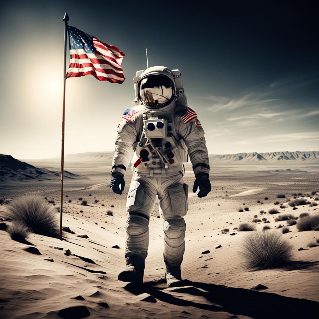 Astronaut Walks in Desert with American Flag