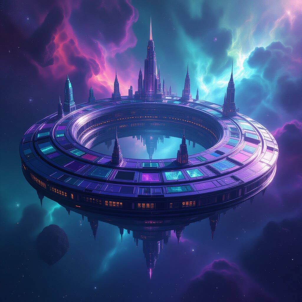 Colossal Amethyst Alien City in Cosmic Nebula