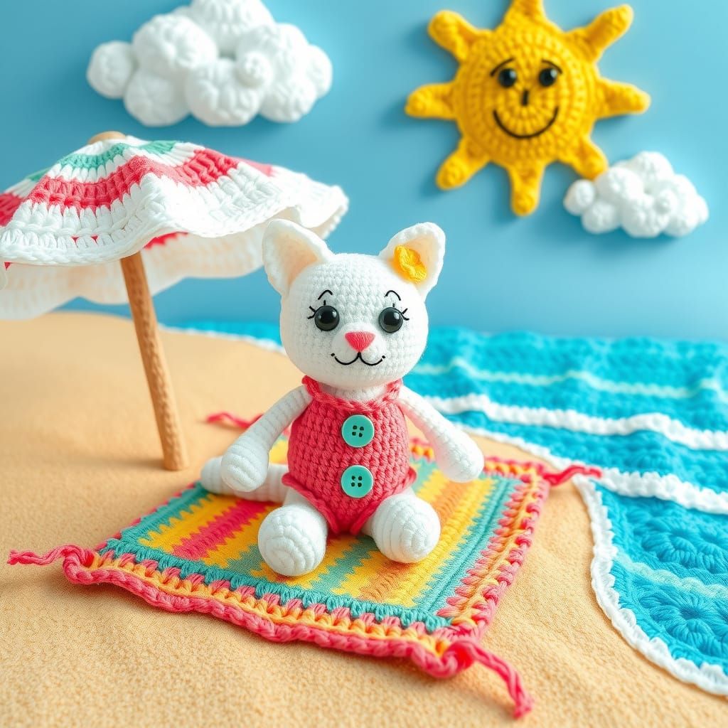 Vibrant Crochet Beach Scene with Adorable Crocheted Cat