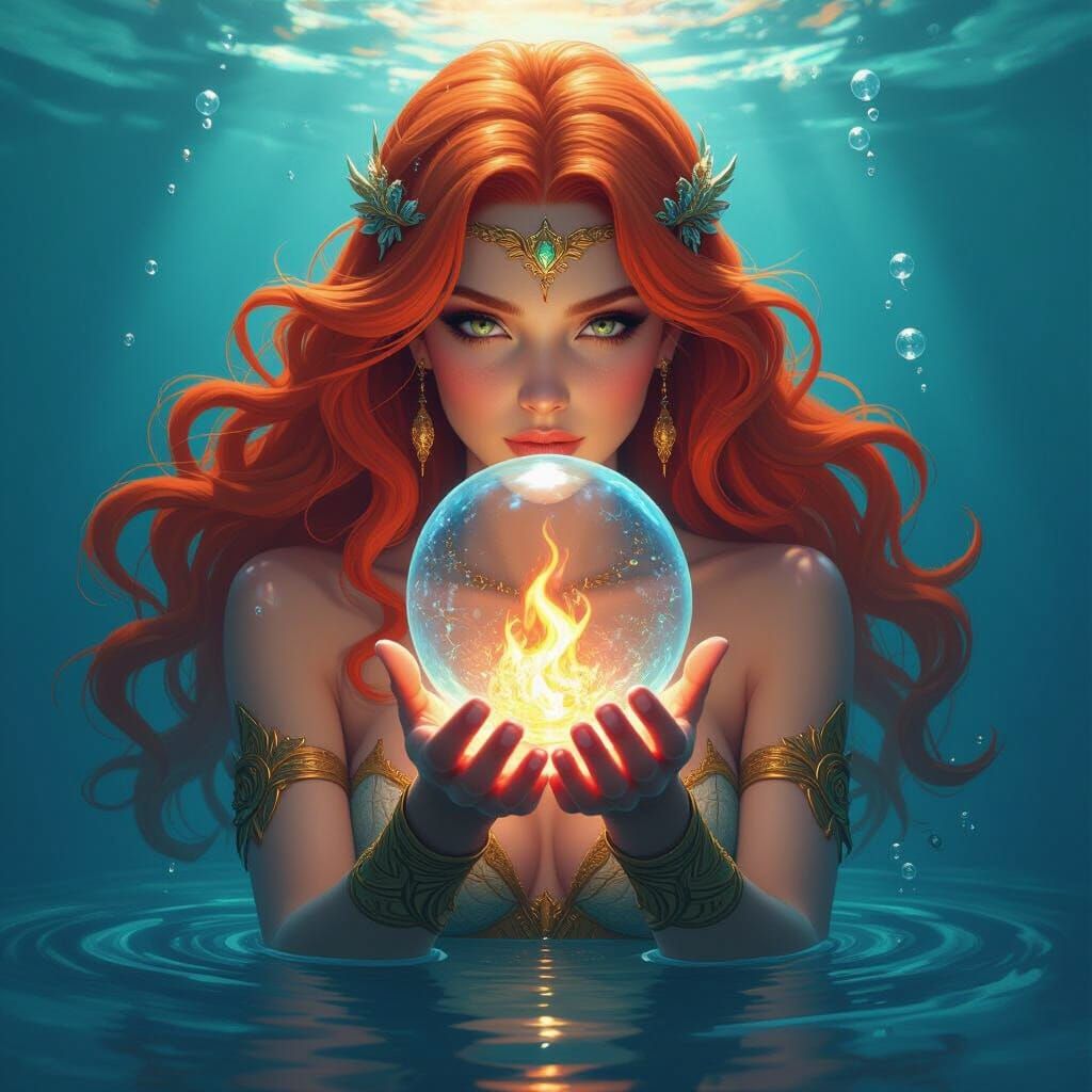 Pisces Goddess Underwater Holding Fiery Bubble