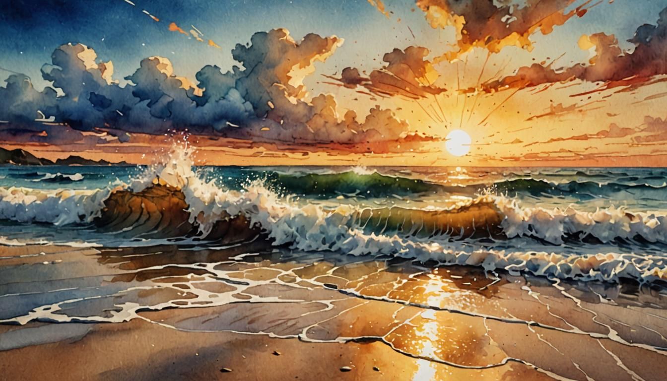 Iridescent Beach Sunset: Impasto Watercolor Masterpiece