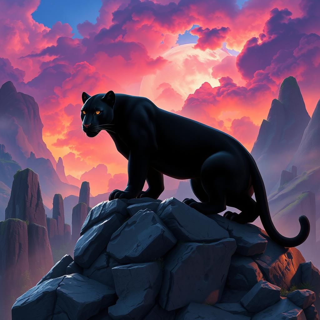 Black Panther on Ruins in Ghibli Style