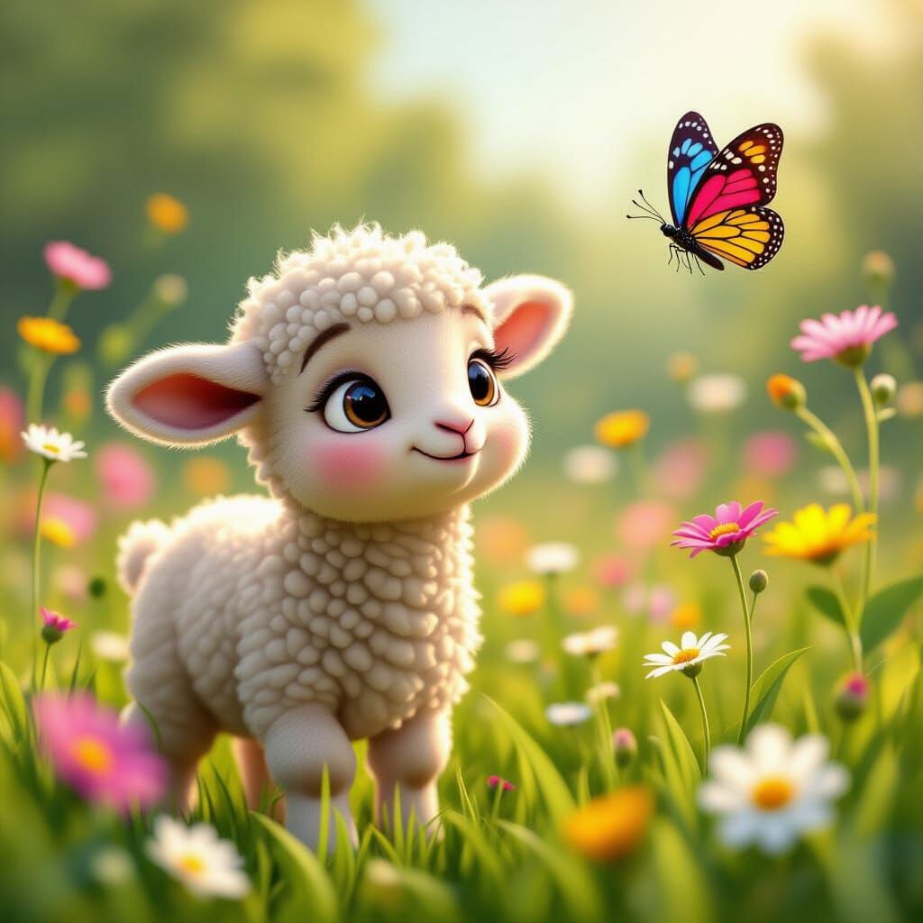 Adorable Lamb Explores Vibrant Meadow in Pixar Style