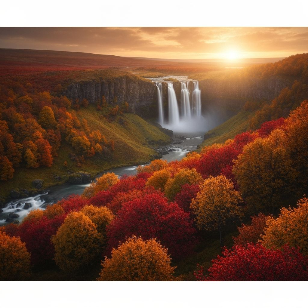 Autumnal Waterfall Landscape in Digital Matte Painting Style