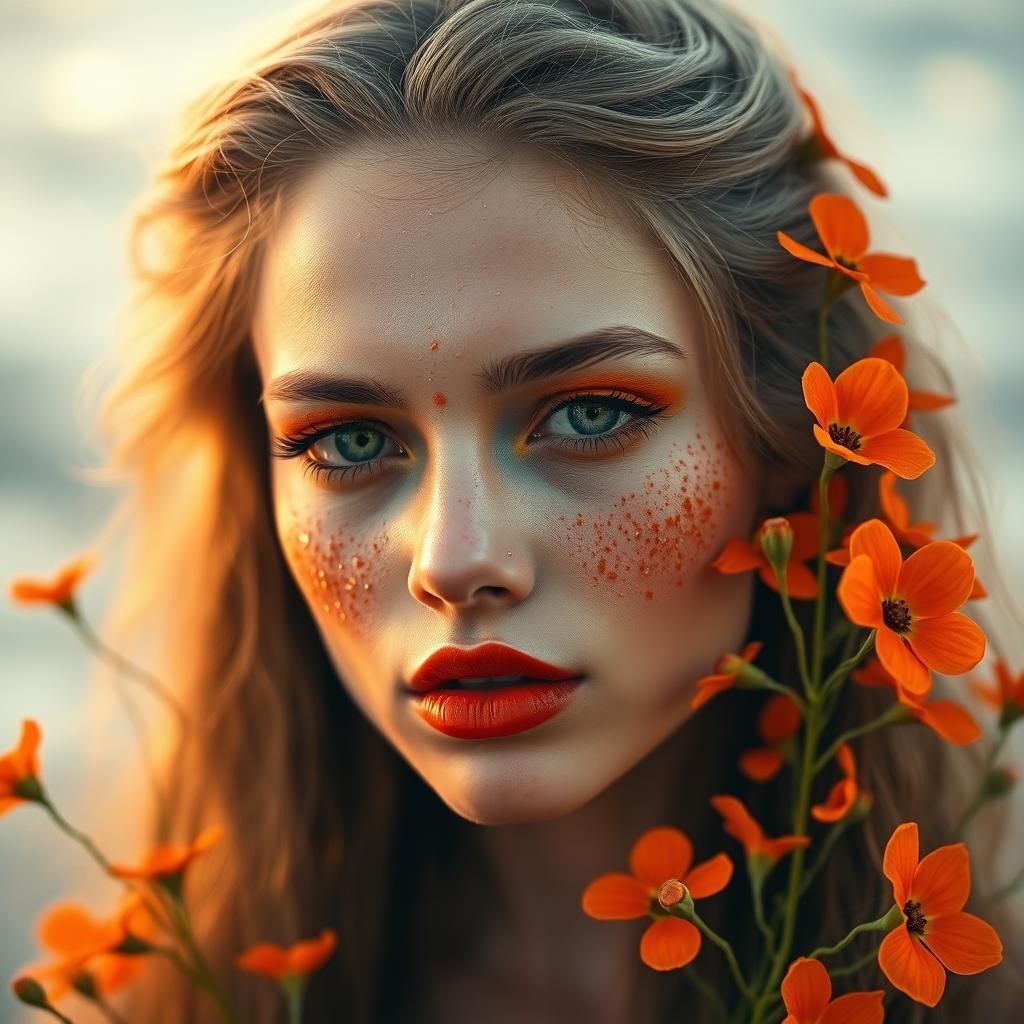 Mystical Sea Siren with Orange Freckles and Flowers