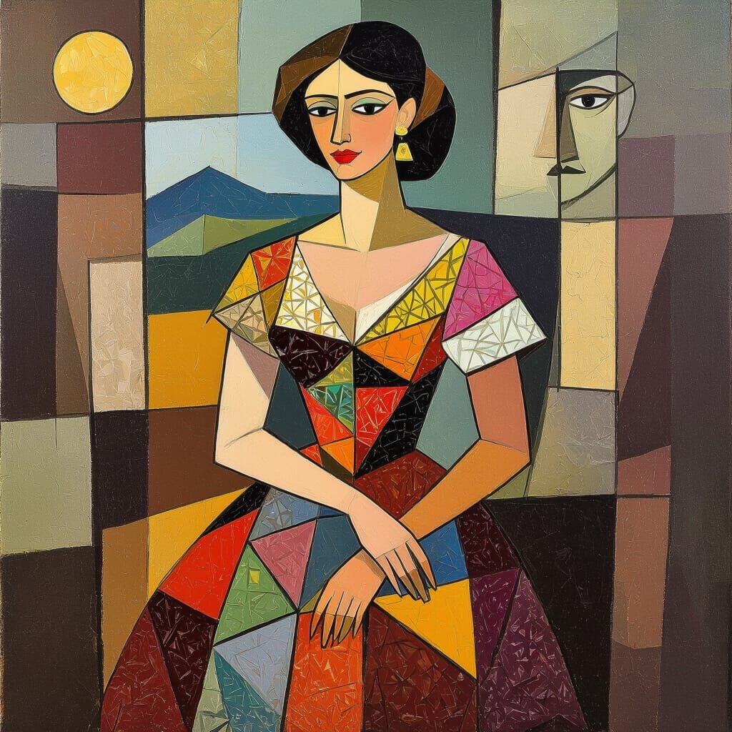 Woman in Cubist Landscape, in Picasso Style