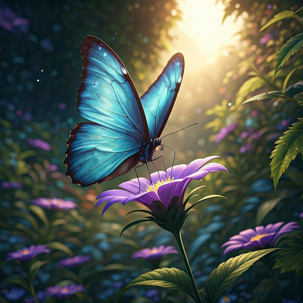 Bioluminescent Blue Morpho Butterfly in Lush Garden