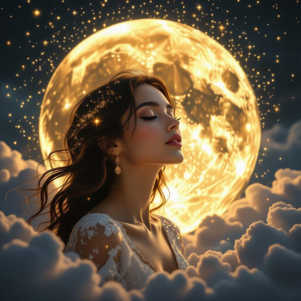 Celestial Woman in Golden Moon with Glitter Rain