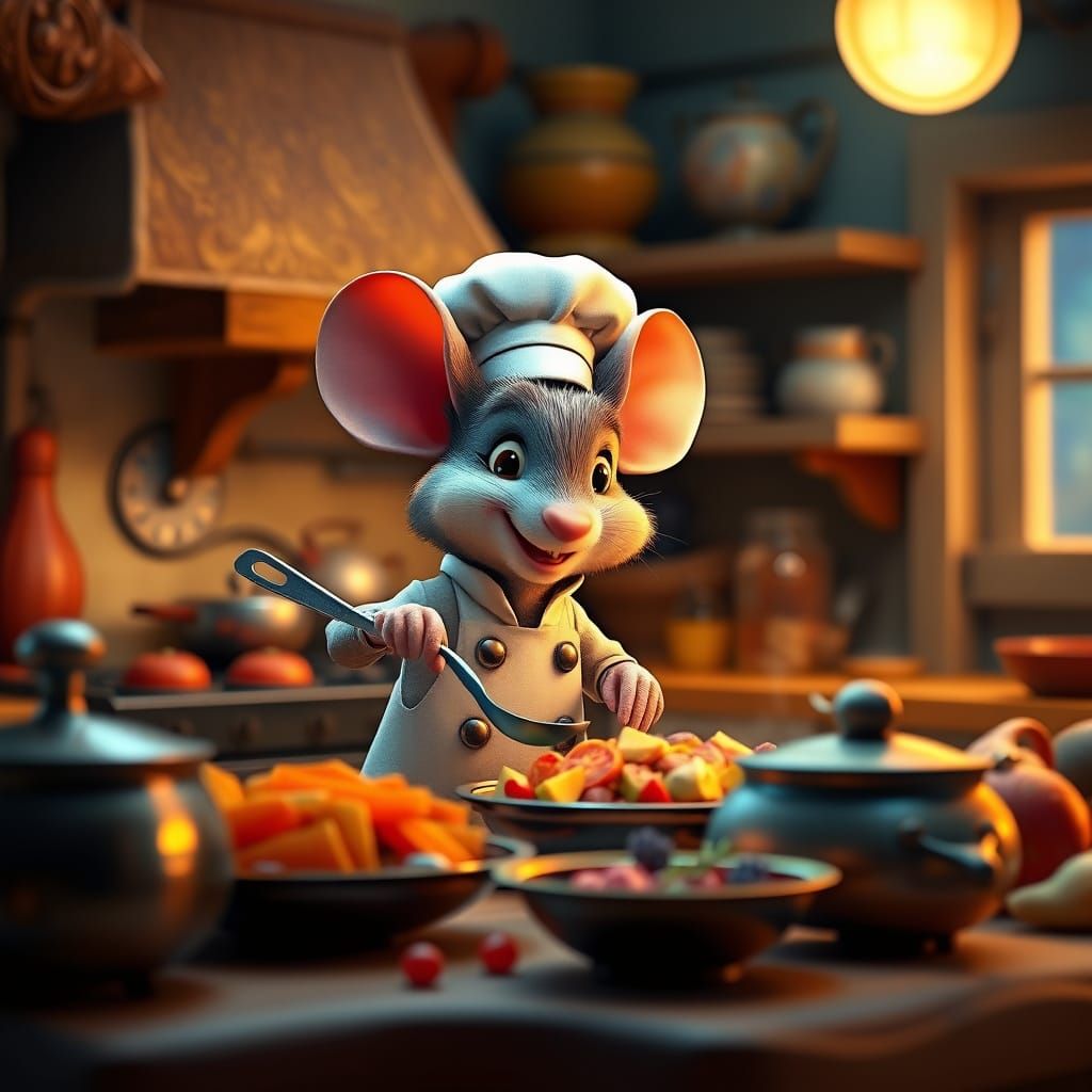 Tiny Chef Mouse Prepares a Cozy Feast in a Whimsical Kitchen