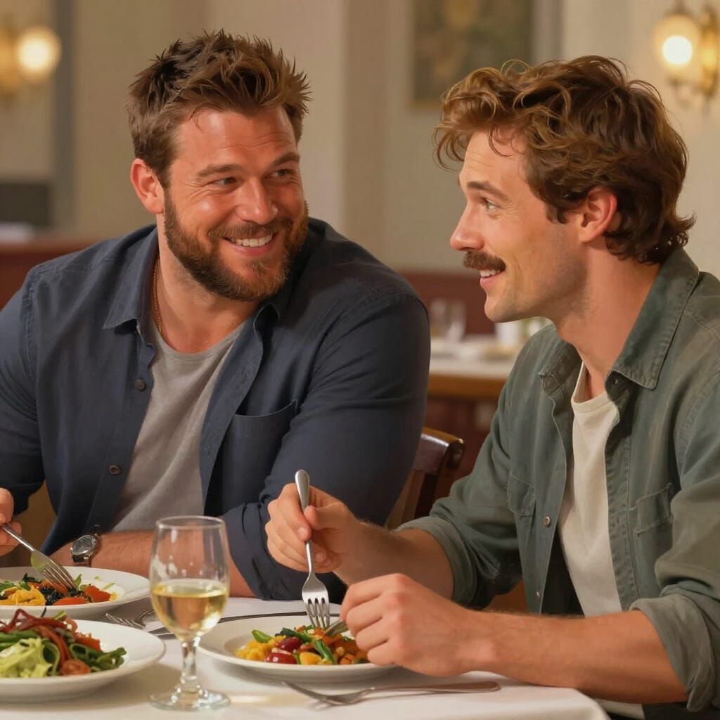 Two Men Enjoying Dinner Together in Digital Painting Style