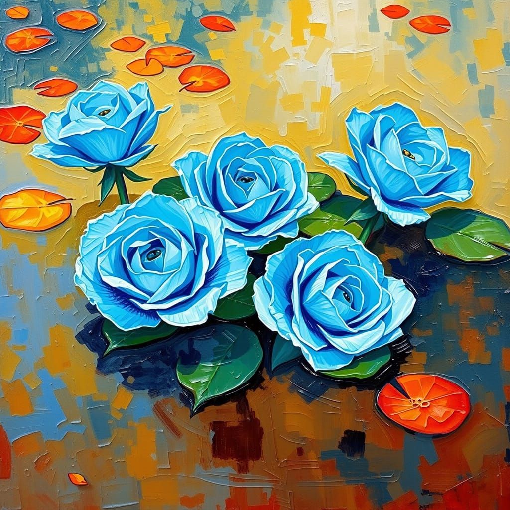 Crystal Blue Roses on Pond in Expressionist Style