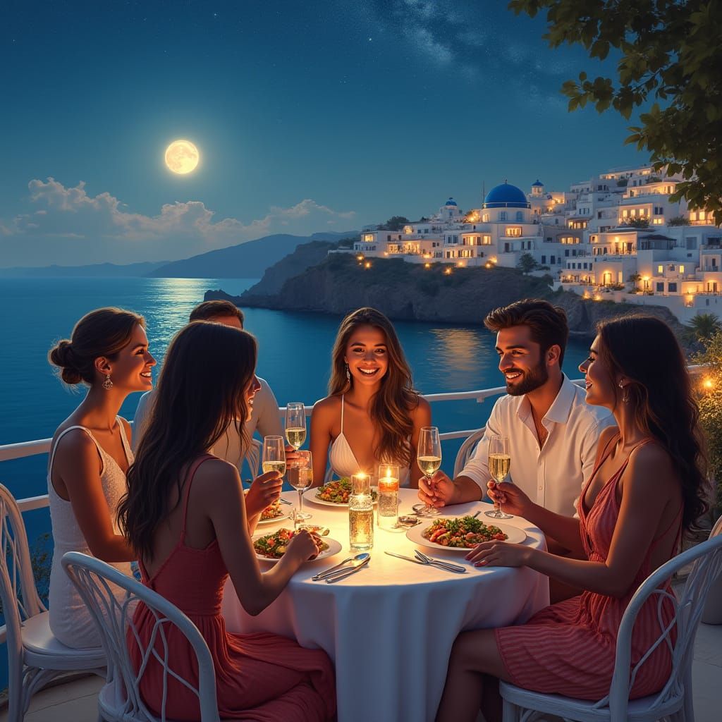 Greek Island Gathering at Dusk: Soft Lighting