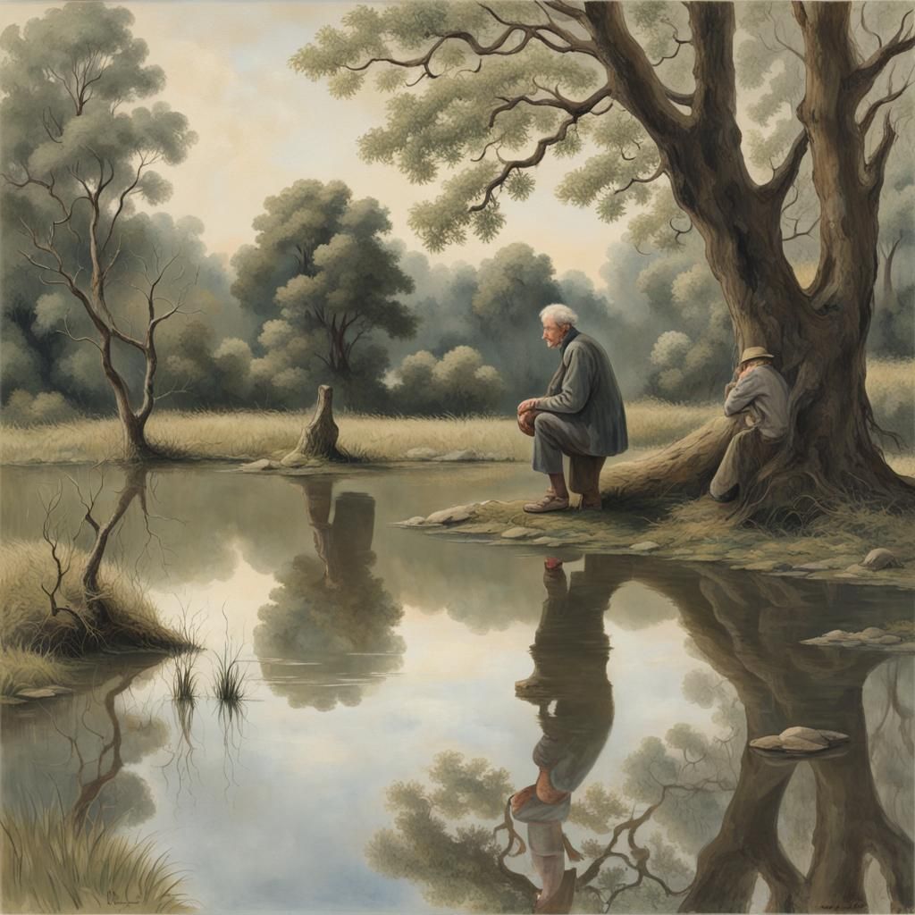 An old man is kneeling at the side of a small pond   of smoo...