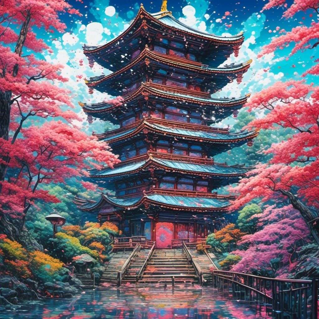 Monet Hokusai Kyoto Temple in Graffiti Art Style