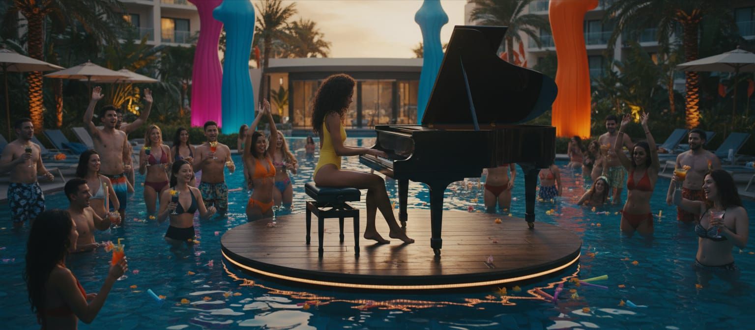 Woman Plays Grand Piano in Pool Party, Hyperrealistic Style