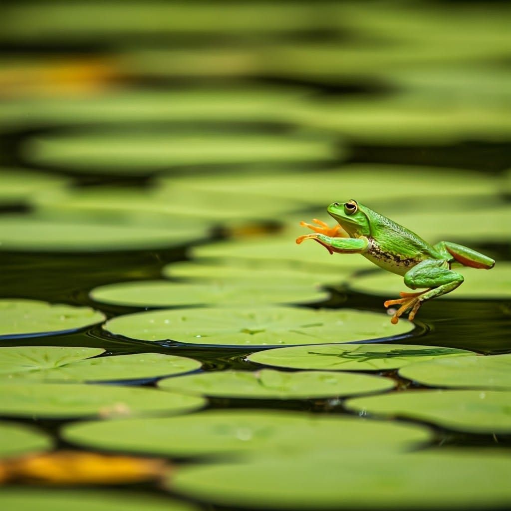 Frog Leaping onto Lilypad Hopscotch in Natural Light