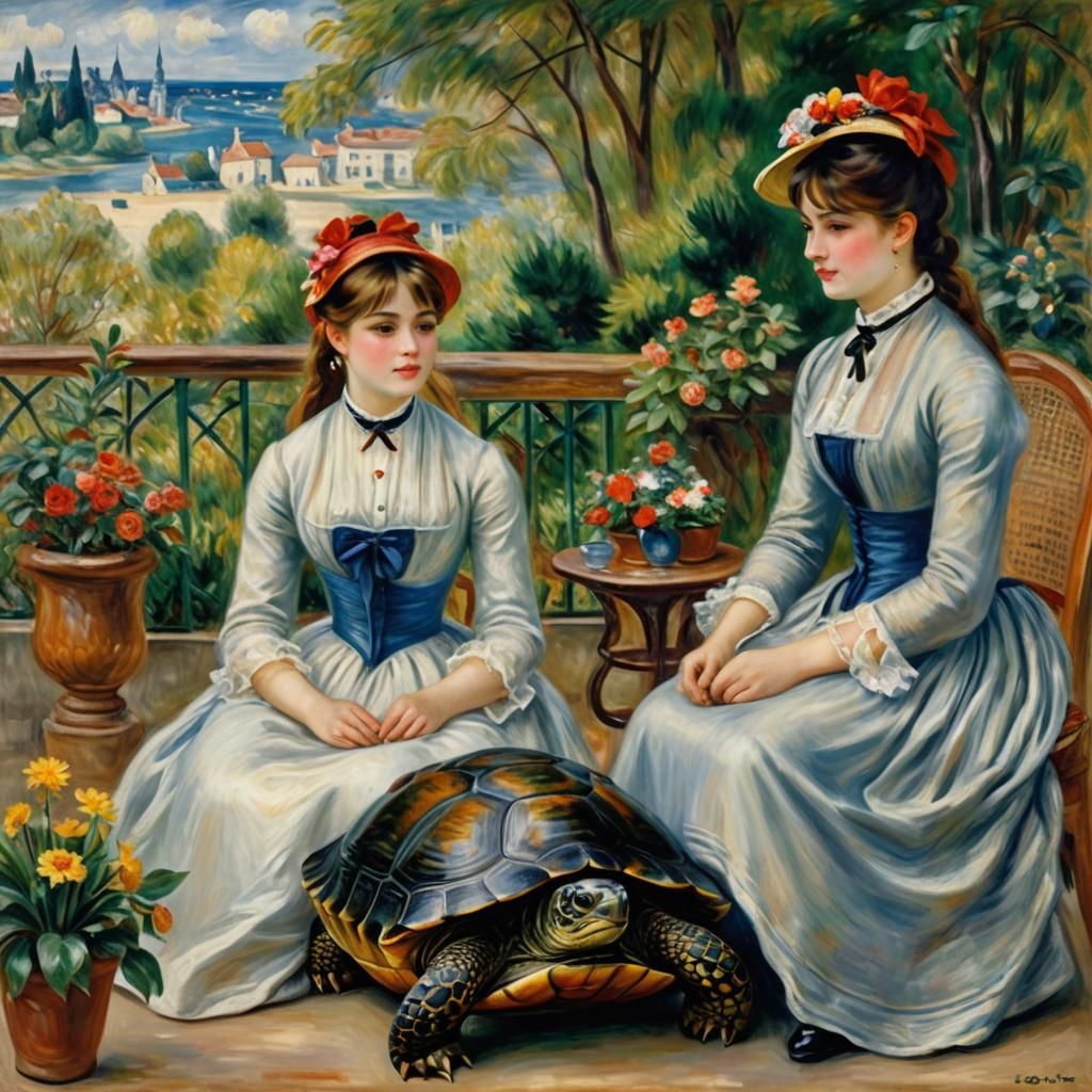 Two Sisters with Turtle: Impressionistic Terrace Scene