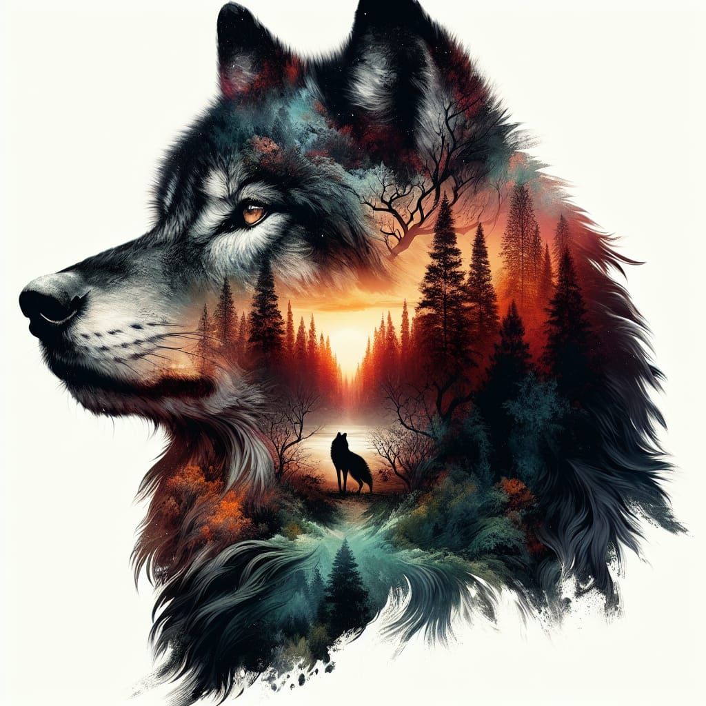 Wolf Portrait with Forest Landscape in Watercolor Style