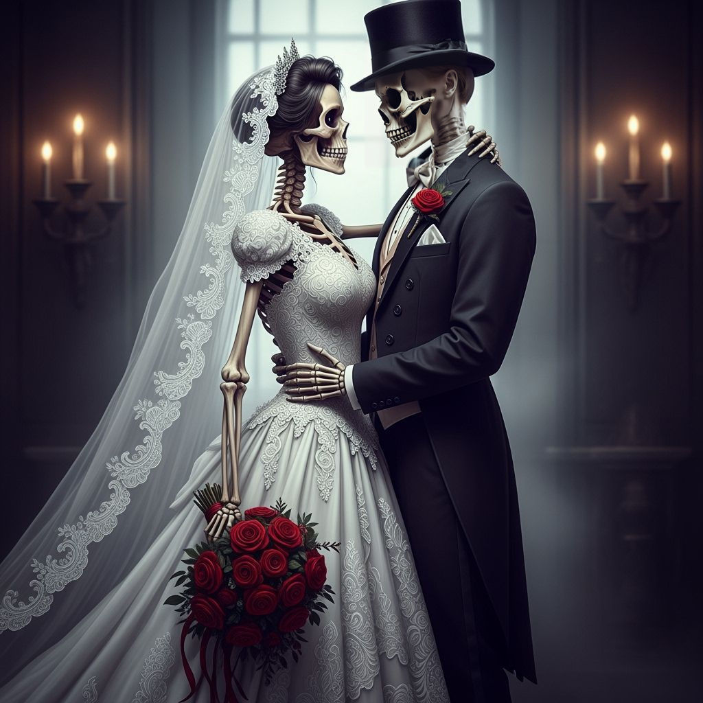 Gothic Victorian Skeleton Bride and Groom Embrace