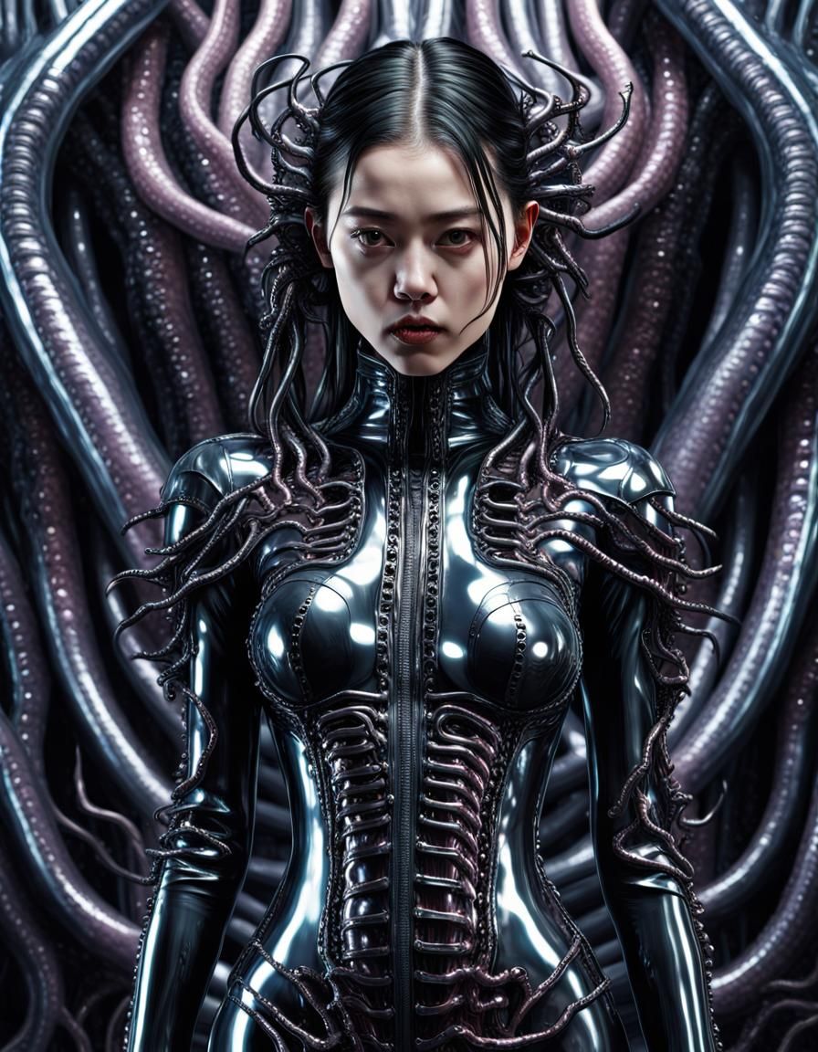 Korean Cyborg Woman with Giger Tentacles in Cyberpunk Style
